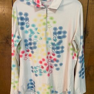 Sporty Floral Print Long-Sleeve Polo Top - White Multi